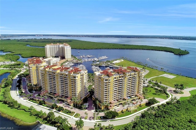 birds eye view of property featuring a water view