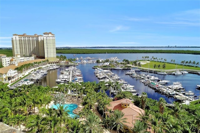 drone / aerial view featuring a water view