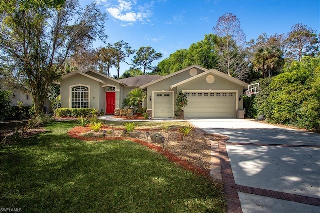 ranch-style house featuring a front lawn and a garage