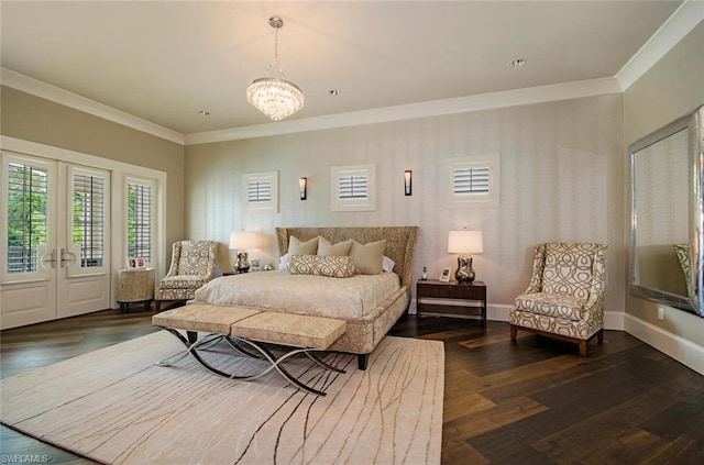 bedroom with french doors, ornamental molding, a chandelier, access to outside, and dark wood-type flooring