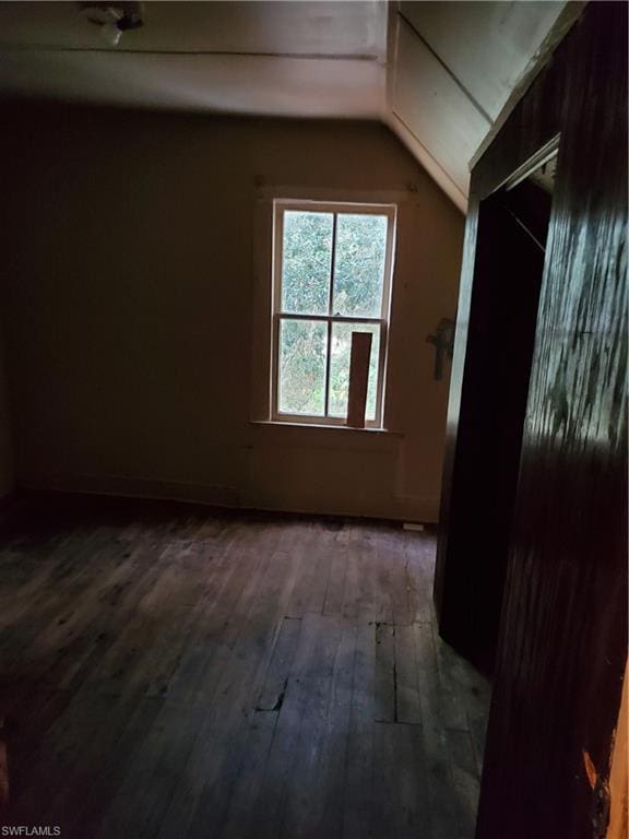 spare room featuring lofted ceiling and dark hardwood / wood-style flooring