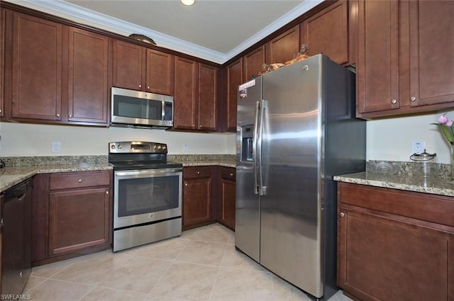 kitchen with light tile floors, dark brown cabinets, appliances with stainless steel finishes, crown molding, and light stone counters