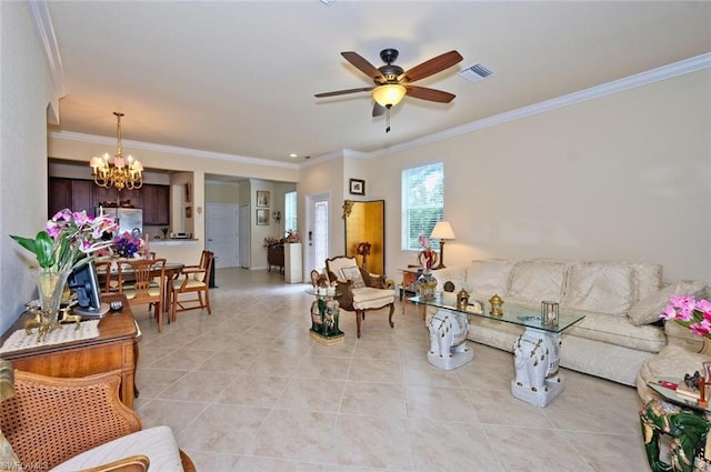 tiled living room featuring ceiling fan with notable chandelier and ornamental molding