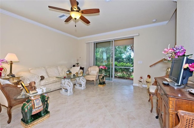 tiled living room featuring ornamental molding and ceiling fan