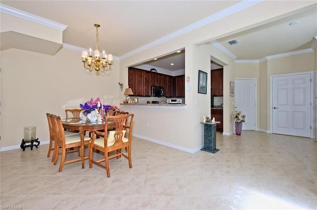 tiled dining room featuring a notable chandelier and crown molding