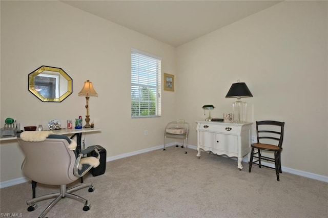 office area featuring light carpet