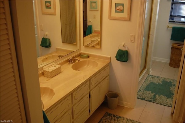 bathroom featuring dual bowl vanity and tile flooring