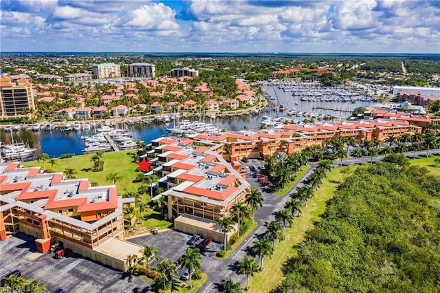 drone / aerial view with a water view