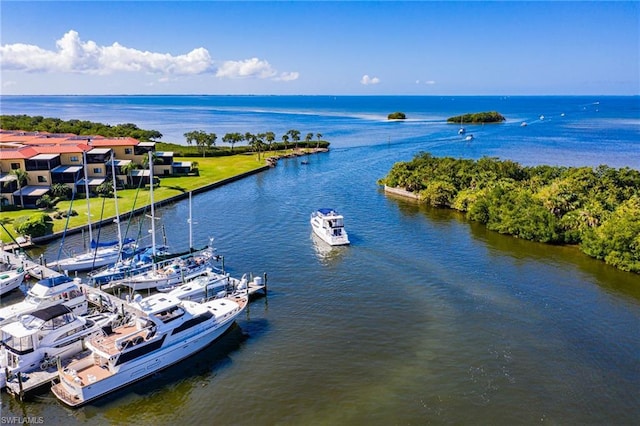 birds eye view of property featuring a water view