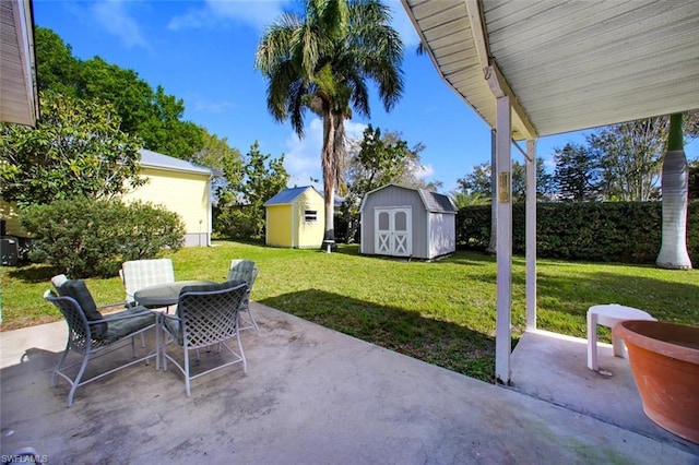 view of patio with a storage shed