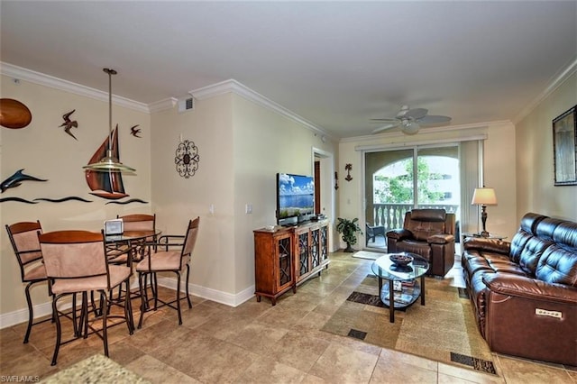 tiled living room with crown molding and ceiling fan