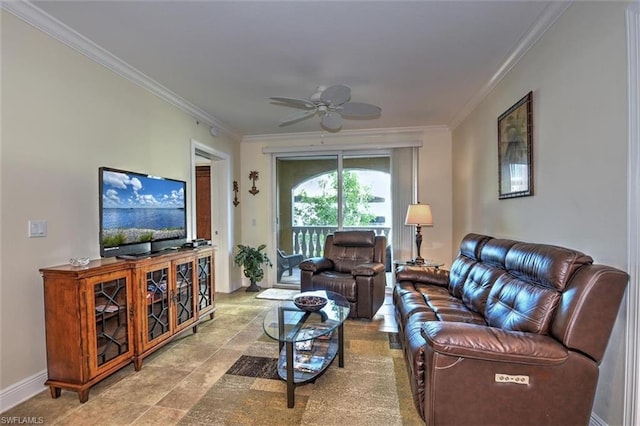 tiled living room featuring ceiling fan and ornamental molding