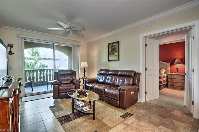 tiled living room featuring crown molding and ceiling fan