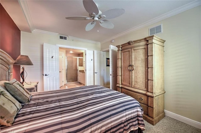 carpeted bedroom with ceiling fan, ensuite bathroom, and ornamental molding