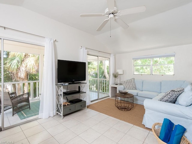 tiled living room with vaulted ceiling and ceiling fan