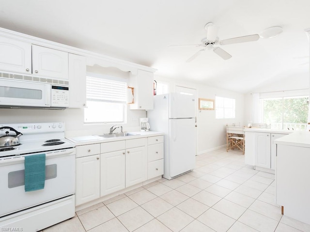 kitchen featuring white cabinetry, ceiling fan, white appliances, sink, and light tile floors