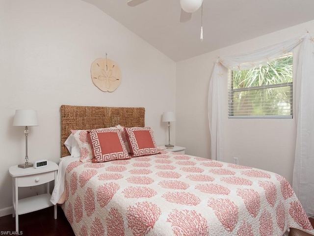 bedroom with ceiling fan and vaulted ceiling