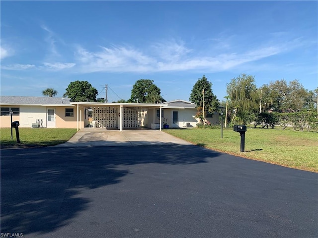 single story home featuring a carport and a front lawn