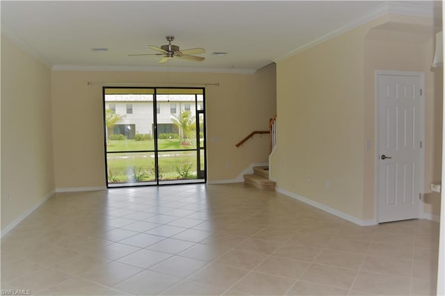 unfurnished room featuring light tile floors, crown molding, and ceiling fan