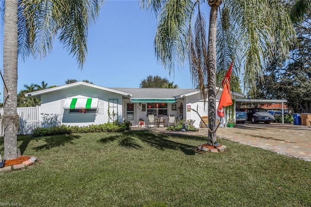 ranch-style house featuring a carport and a front yard