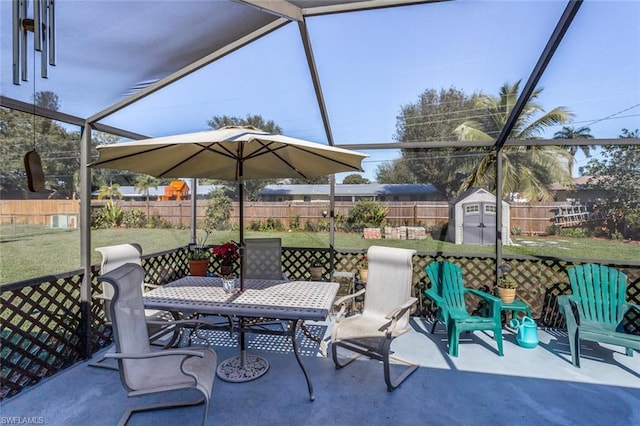 view of patio / terrace with a storage shed