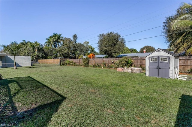 view of yard featuring a storage unit