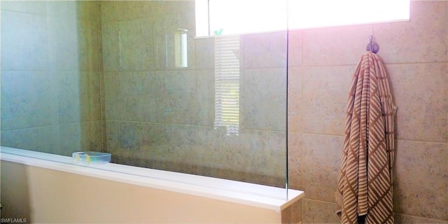 bathroom with tile walls