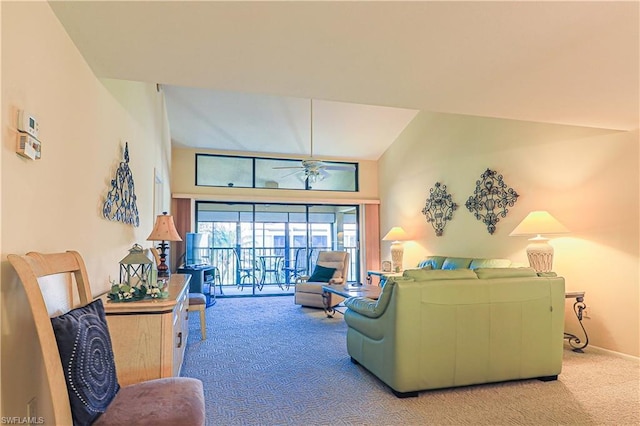 carpeted living room featuring ceiling fan and high vaulted ceiling