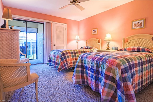 carpeted bedroom with ceiling fan and access to outside