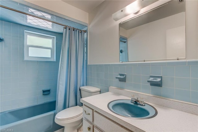 full bathroom featuring backsplash, shower / bath combination with curtain, and tile walls