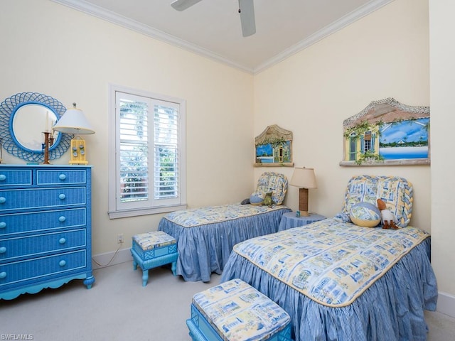 bedroom with crown molding, ceiling fan, and light colored carpet