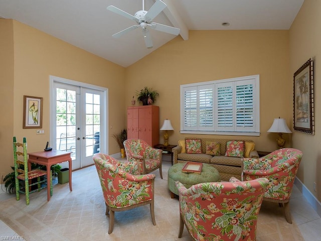 tiled living room featuring french doors, ceiling fan, and lofted ceiling with beams