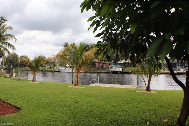 view of yard featuring a water view and a boat dock