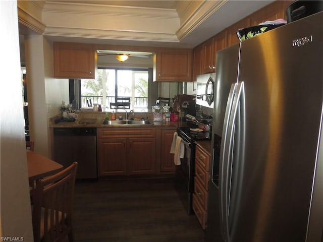 kitchen featuring ceiling fan, sink, a raised ceiling, dark hardwood / wood-style flooring, and stainless steel appliances