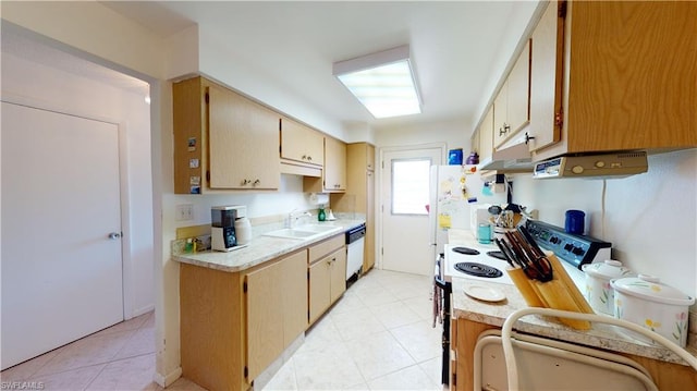 kitchen featuring wall chimney range hood, light tile floors, sink, and white appliances