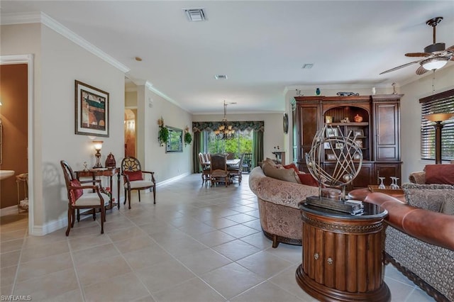 living room featuring ornamental molding, ceiling fan with notable chandelier, and light tile floors