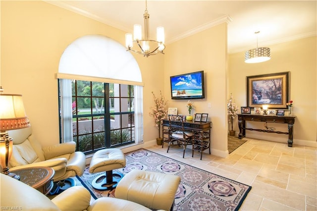 tiled living room with a chandelier and ornamental molding