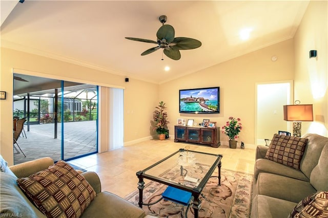 tiled living room featuring lofted ceiling, ceiling fan, and crown molding