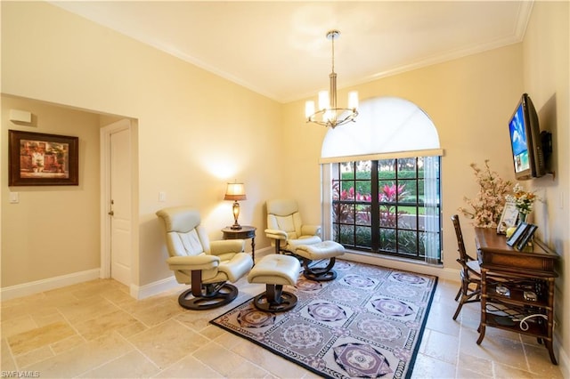 living area featuring light tile floors, ornamental molding, and a notable chandelier