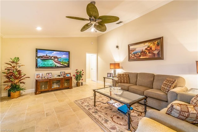 living room featuring crown molding, ceiling fan, light tile floors, and lofted ceiling