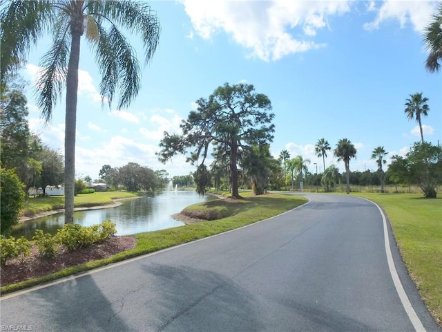 view of street with a water view