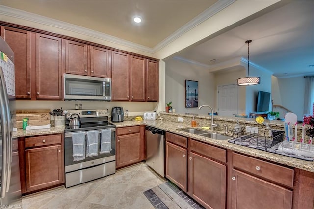 kitchen featuring kitchen peninsula, pendant lighting, light tile floors, sink, and appliances with stainless steel finishes