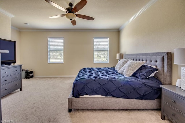 bedroom with light carpet, multiple windows, crown molding, and ceiling fan