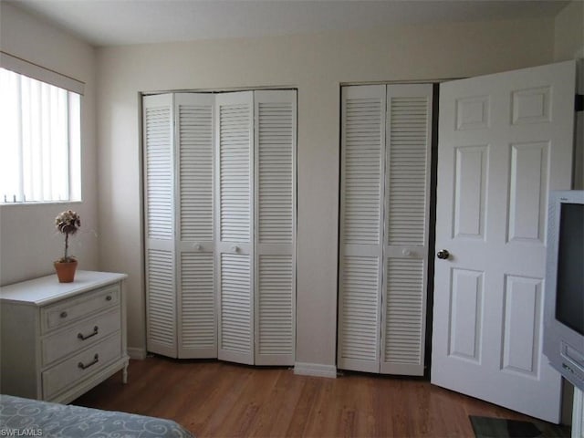 bedroom with two closets and dark hardwood / wood-style flooring