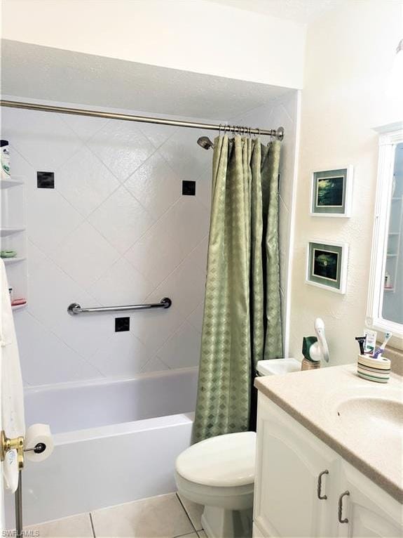 full bathroom with vanity, tile flooring, toilet, and shower / bath combination with curtain