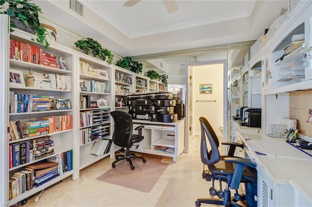 home office featuring crown molding, light tile flooring, and ceiling fan