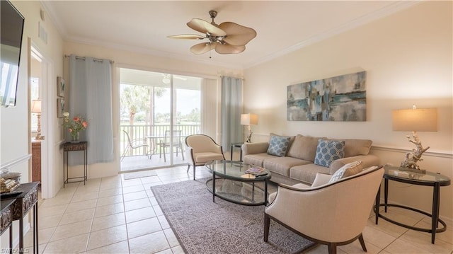 living room featuring light tile floors, crown molding, and ceiling fan