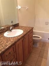 full bathroom featuring toilet, bathtub / shower combination, tile flooring, and vanity