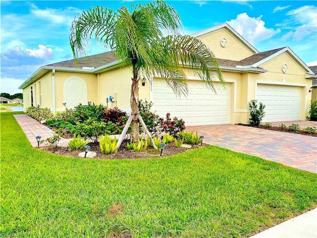 view of front of property with a front yard and a garage