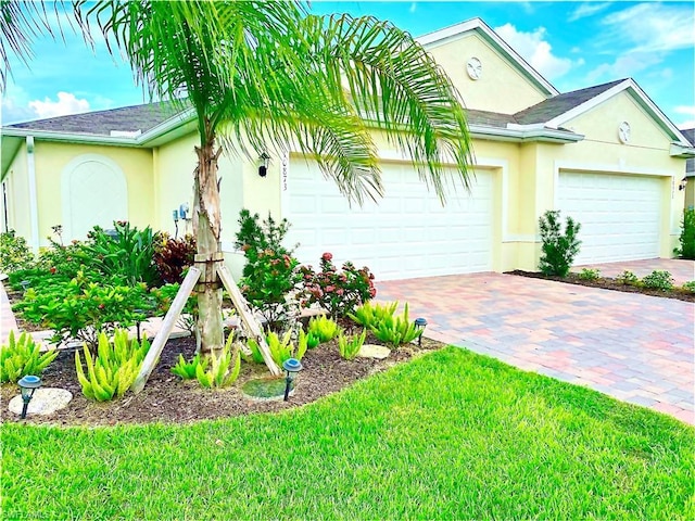 ranch-style house with a front yard and a garage